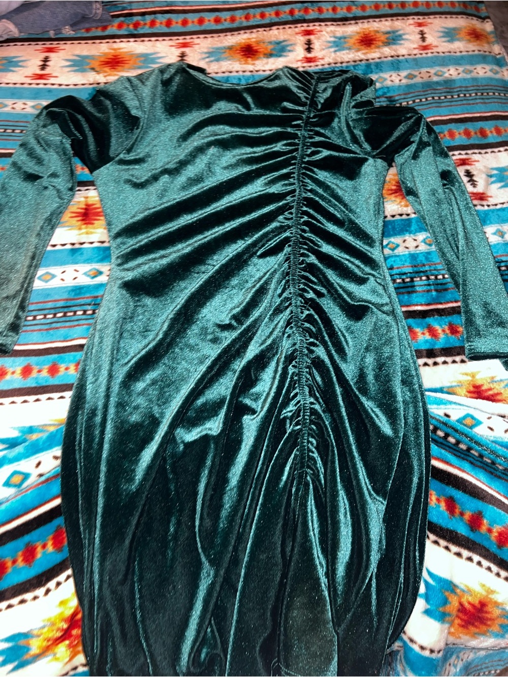 Moa Moa Deep Emerald Green Velvet Ruched Long Sleeve Dress
